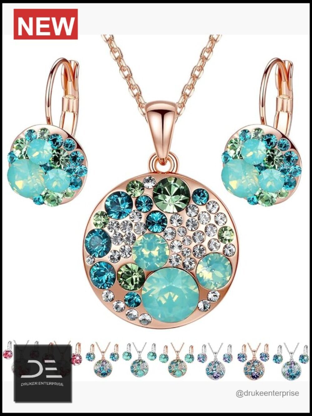 Crystal Jewelry Set Pendant Necklace Earring Opal Green Rose Gold Plated